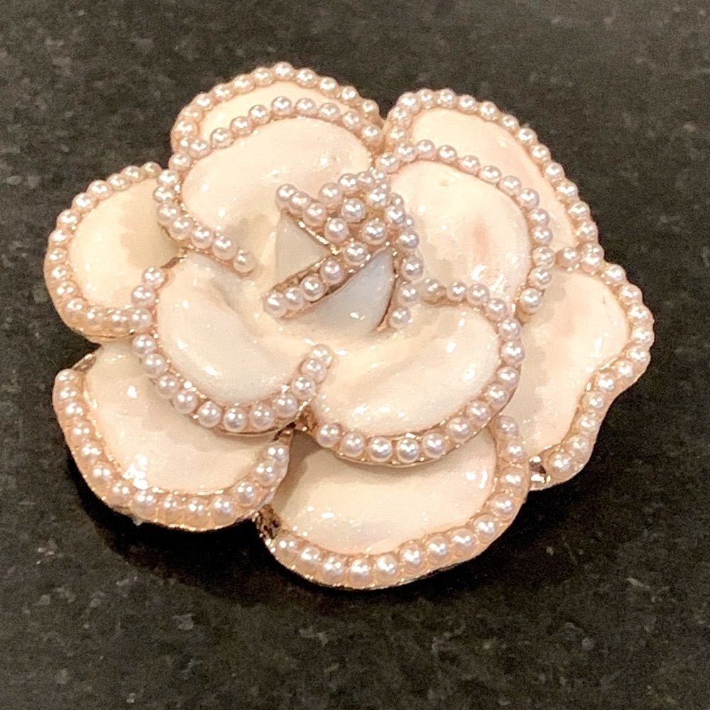 Camellia Lapel Pin in White Enamel with Faux Pearls & Gold Tone Bro-Brooch